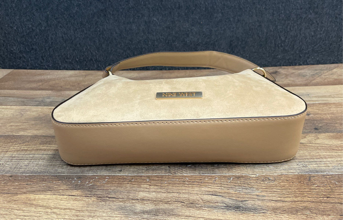 Nine West Tan Faux Suede Shoulder Bag Handbag Gold Hardware Purse