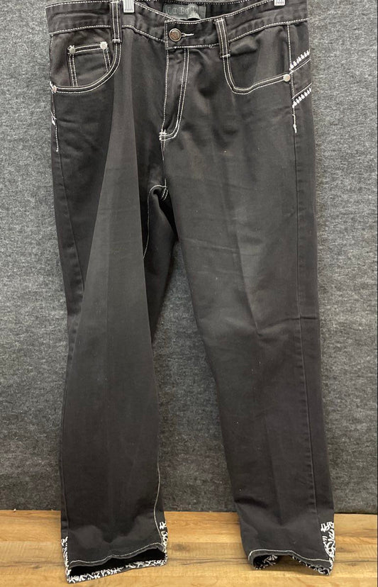 Aobodi Men's Black Denim Jeans White Contrast Stitch Dragon Graphic Pocket Sz 34