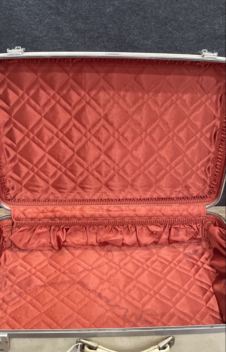 Vintage American Tourister White Hard Shell Suitcase Red Quilted Interior