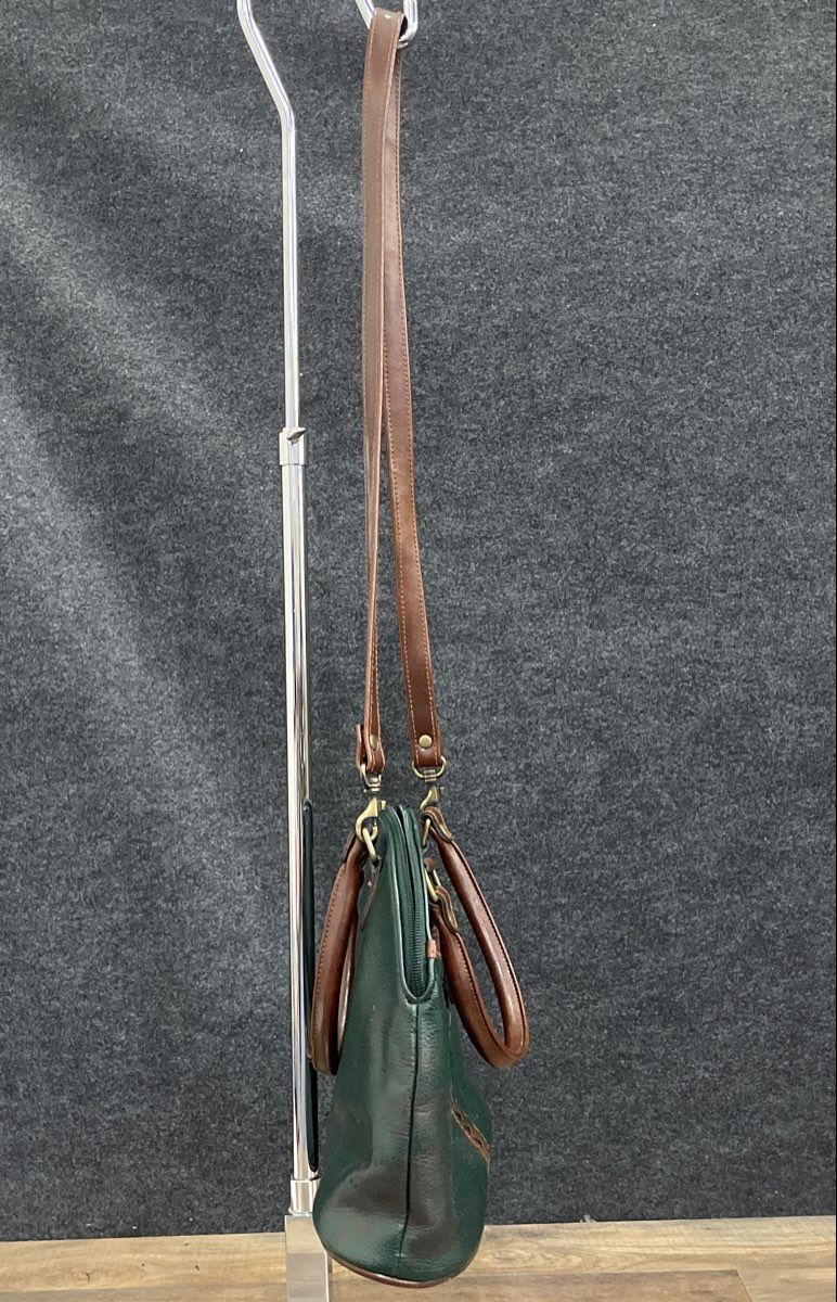 Vintage Liz Claiborne Green Brown Pebbled Leather Dome Satchel Shoulder Bag