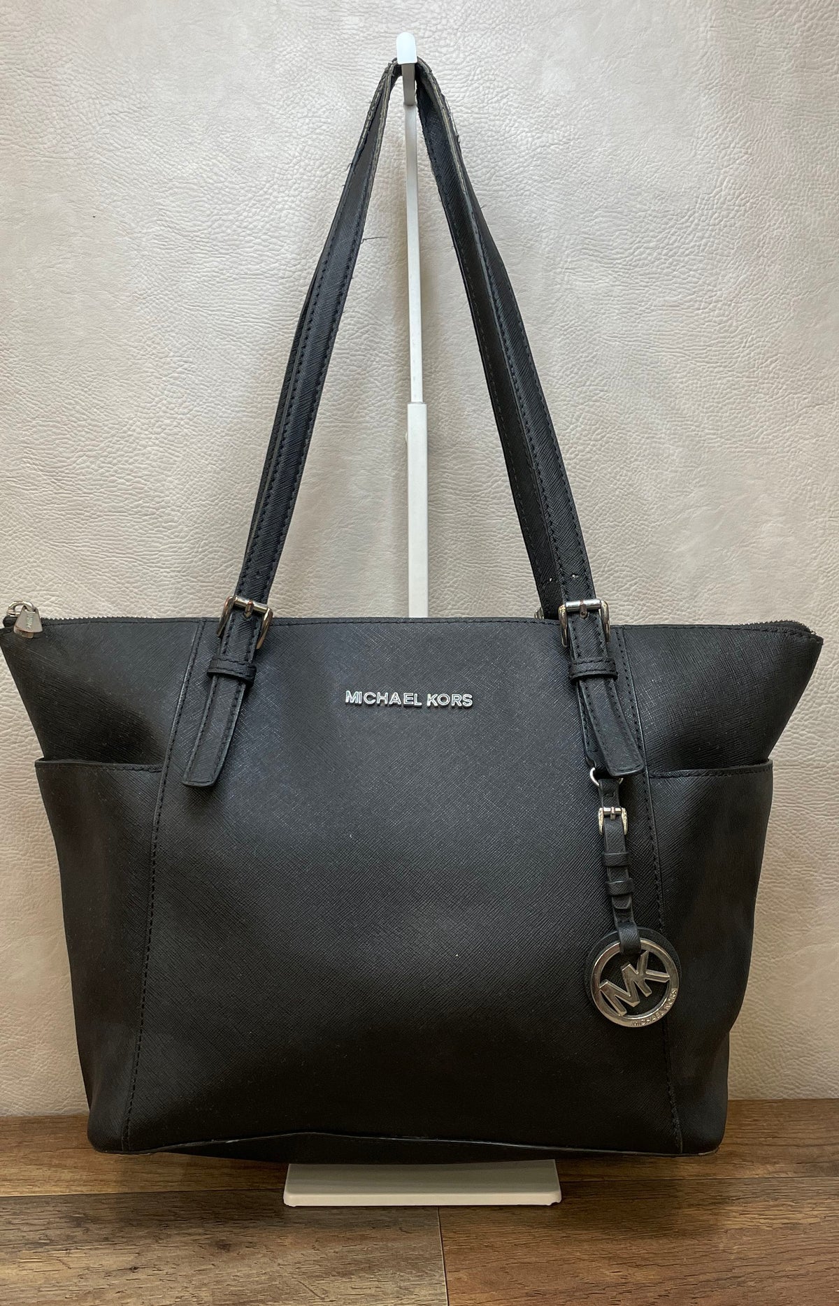 Michael Kors Black Saffiano Leather Jet Set Travel Tote Bag Silver Hardware