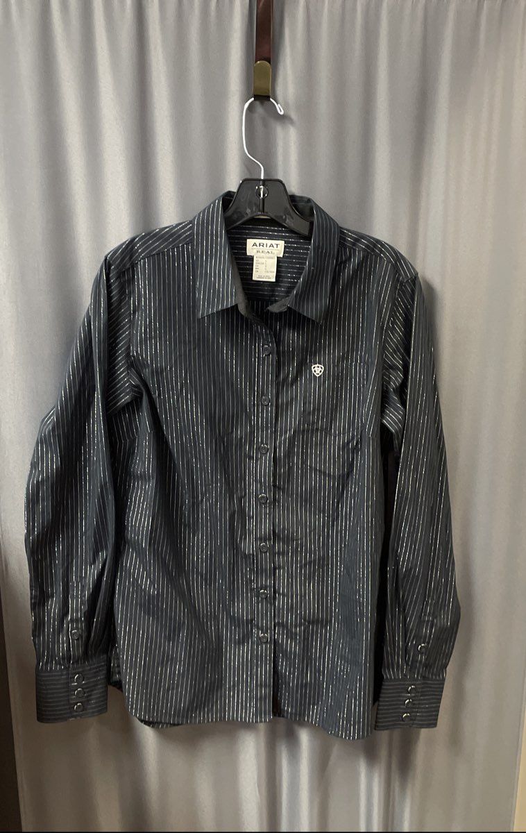 Ariat Women's Kirby Stretch LS Shirt Navy Blue Silver Pinstripe Sz L