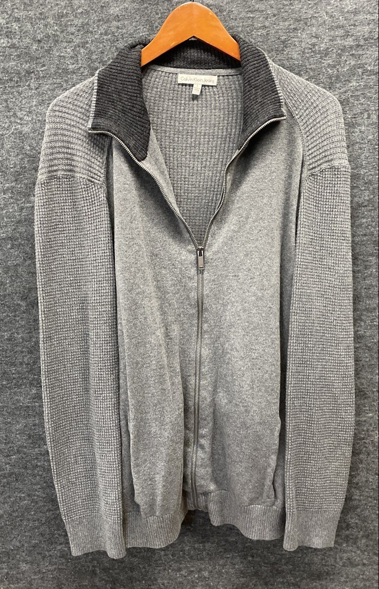 Calvin Klein Jeans Men's Grey Full Zip Waffle Knit Sweater Jacket Sz L