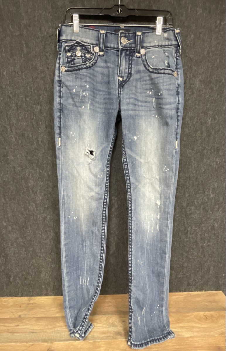 True Religion Men's Ricky Relaxed Straight Jeans Distressed Splatter Sz 28
