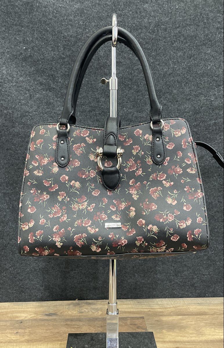 Chaps Black Red Floral Print Pebbled Faux Leather Satchel Bag Silver Hardware
