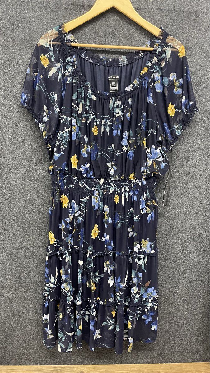 Kate and Lily Women's Navy Blue Floral Smocked Waist Tiered Dress Sz 20W