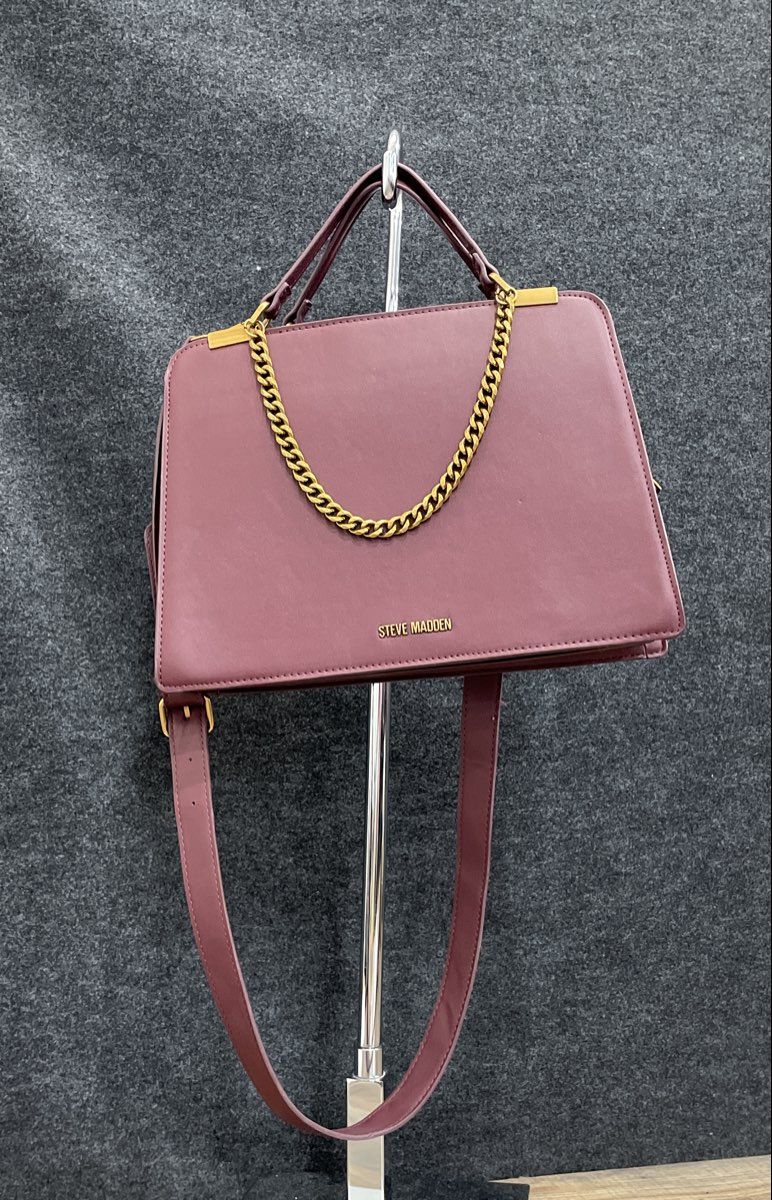 Steve Madden Maroon Leather Satchel Crossbody Bag Gold Hardware Chain Detail