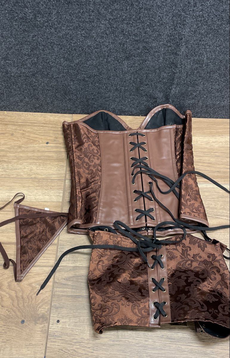 Women's 3-Piece Brown Damask Corset Set Steampunk Gothic Lingerie Sz XL