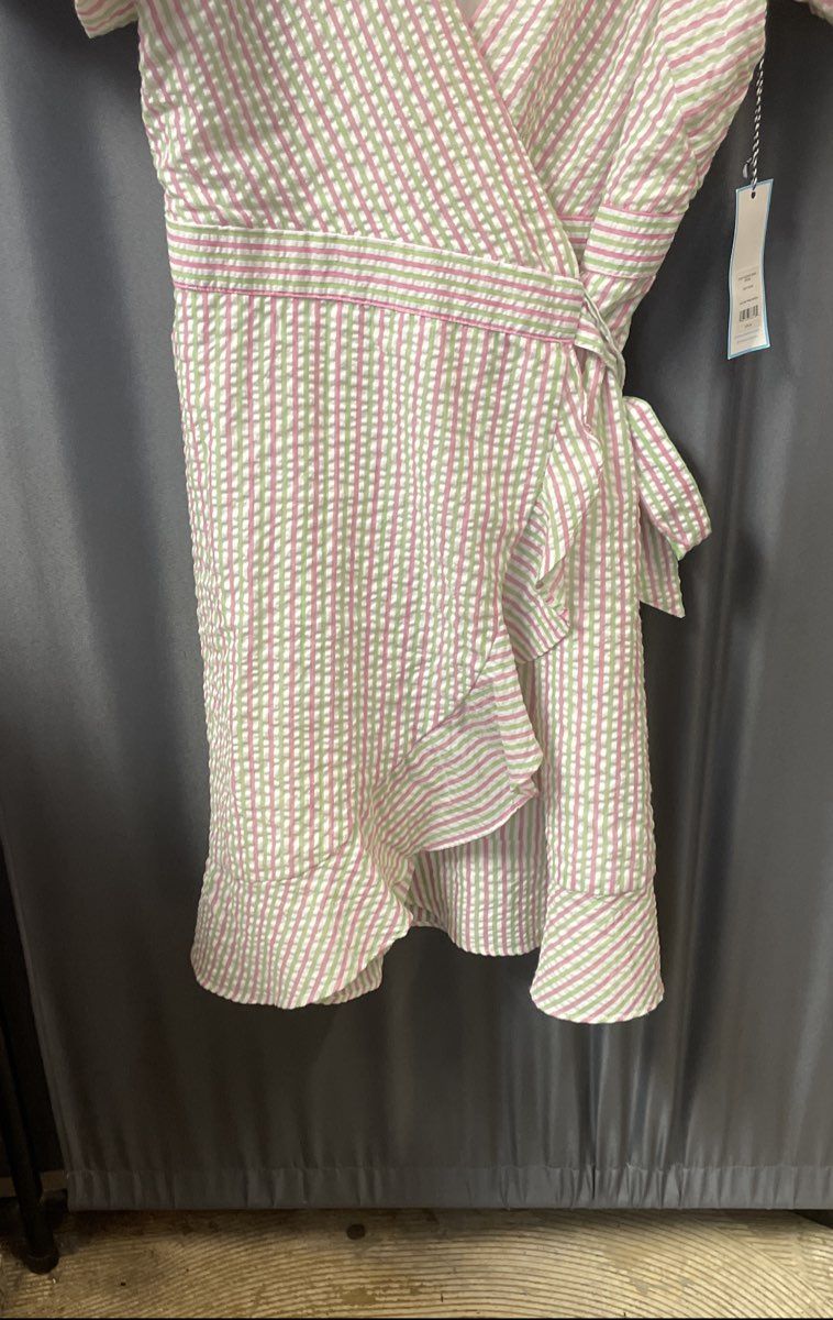 Draper James RSVP Pink Green Seersucker Puff Sleeve Wrap Dress Sz L NWT