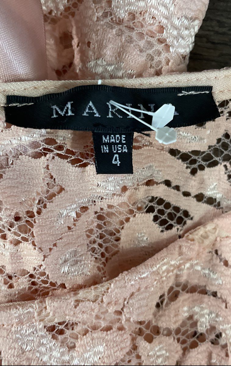 Marina Women's Peach Pink Lace Tiered Long Sleeve Sash Dress Sz 4