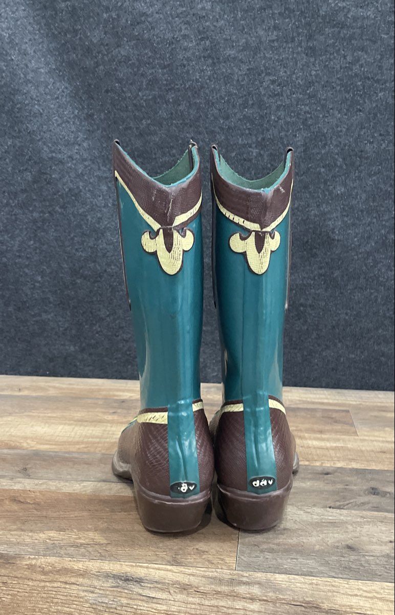 dav Cowboy Rain Boots Brown Teal Blue Western Pattern Wellies Women's Size 10