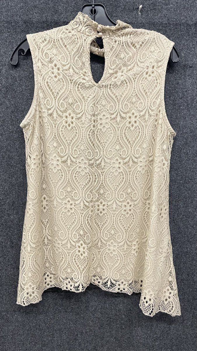 Brittany Black Women's Ivory Lace Sleeveless Blouse Mock Neck Keyhole Hem Size M