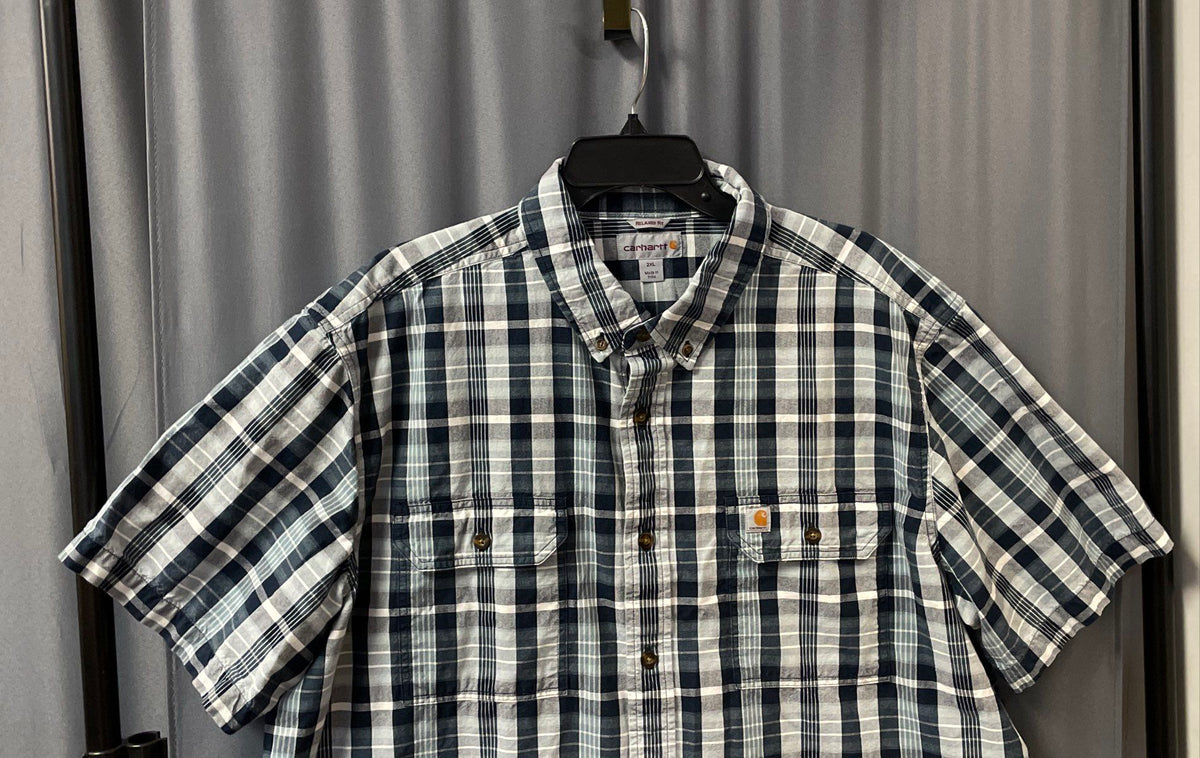 Carhartt Men's Relaxed Fit Short Sleeve Plaid Button Shirt Navy Sz 2XL