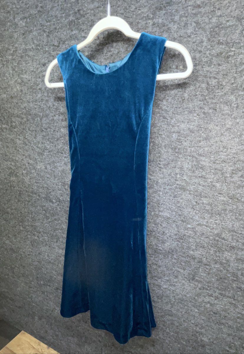Vintage Y2K Girls Teal Blue Velvet Sleeveless Fit & Flare Dress Tie Waist