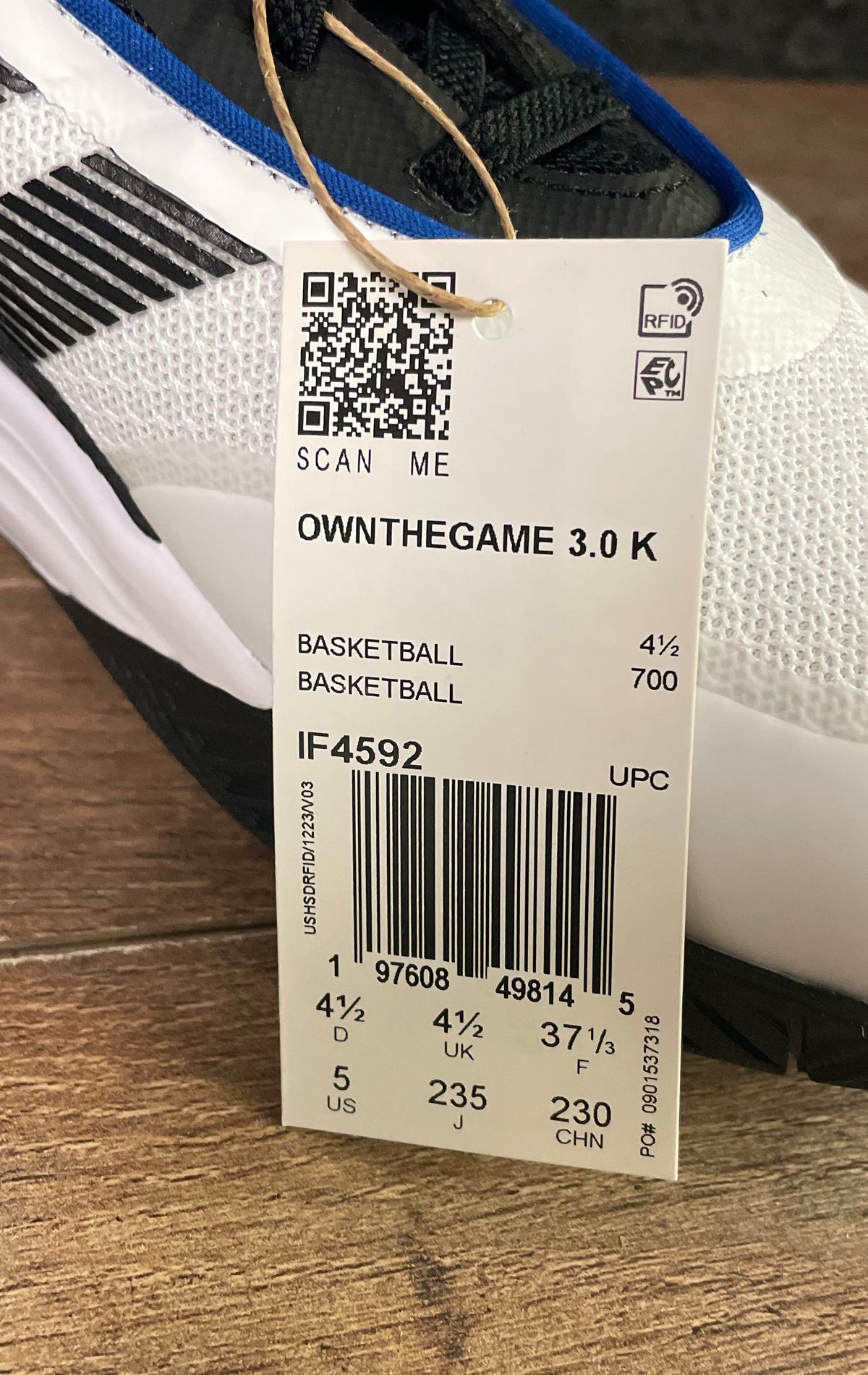 Adidas OwnTheGame 3.0 K White Black Blue Youth Basketball Shoes Size 5 NWT