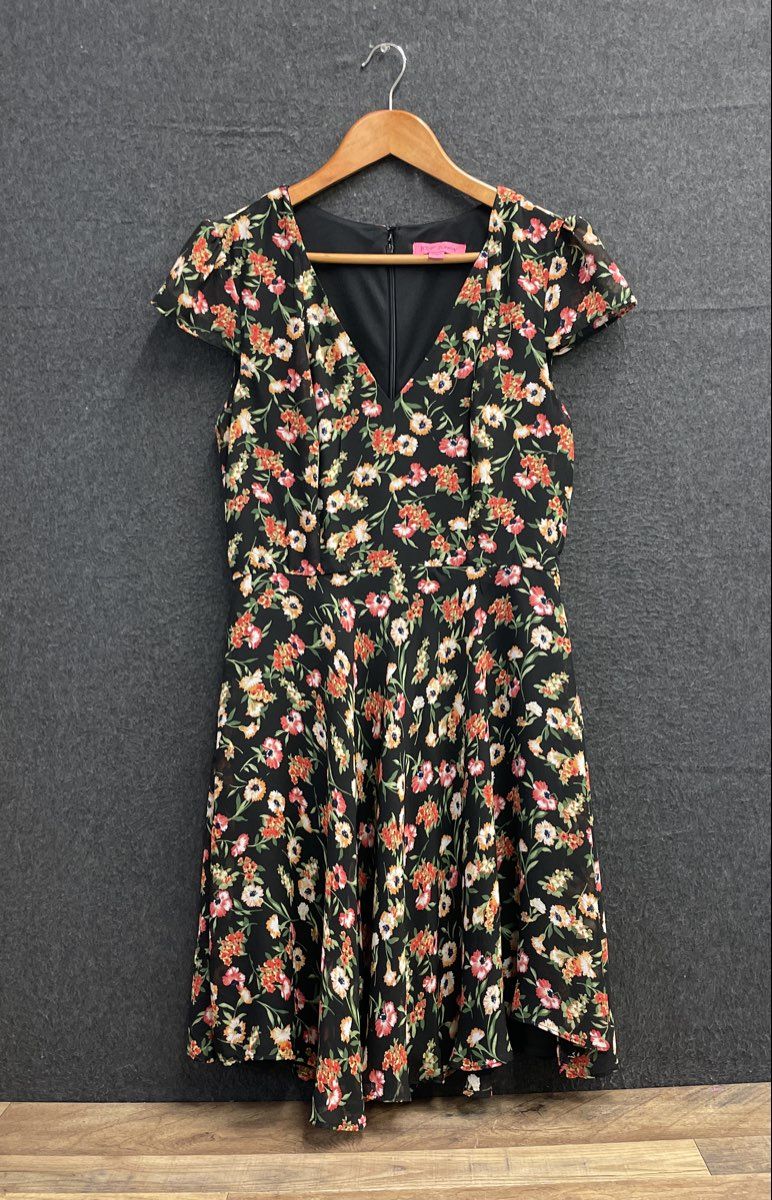 Betsey Johnson Women's Black Floral V-Neck Fit & Flare Mini Dress Size 6