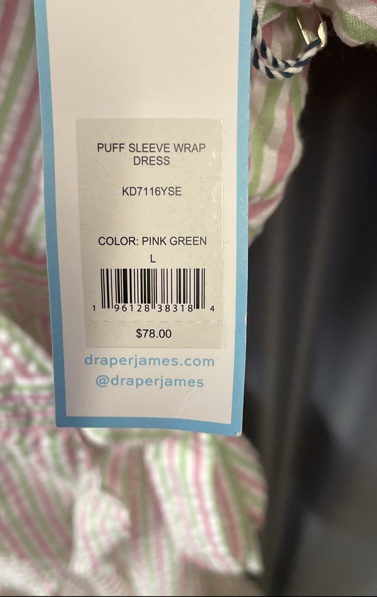 Draper James RSVP Pink Green Seersucker Puff Sleeve Wrap Dress Sz L NWT
