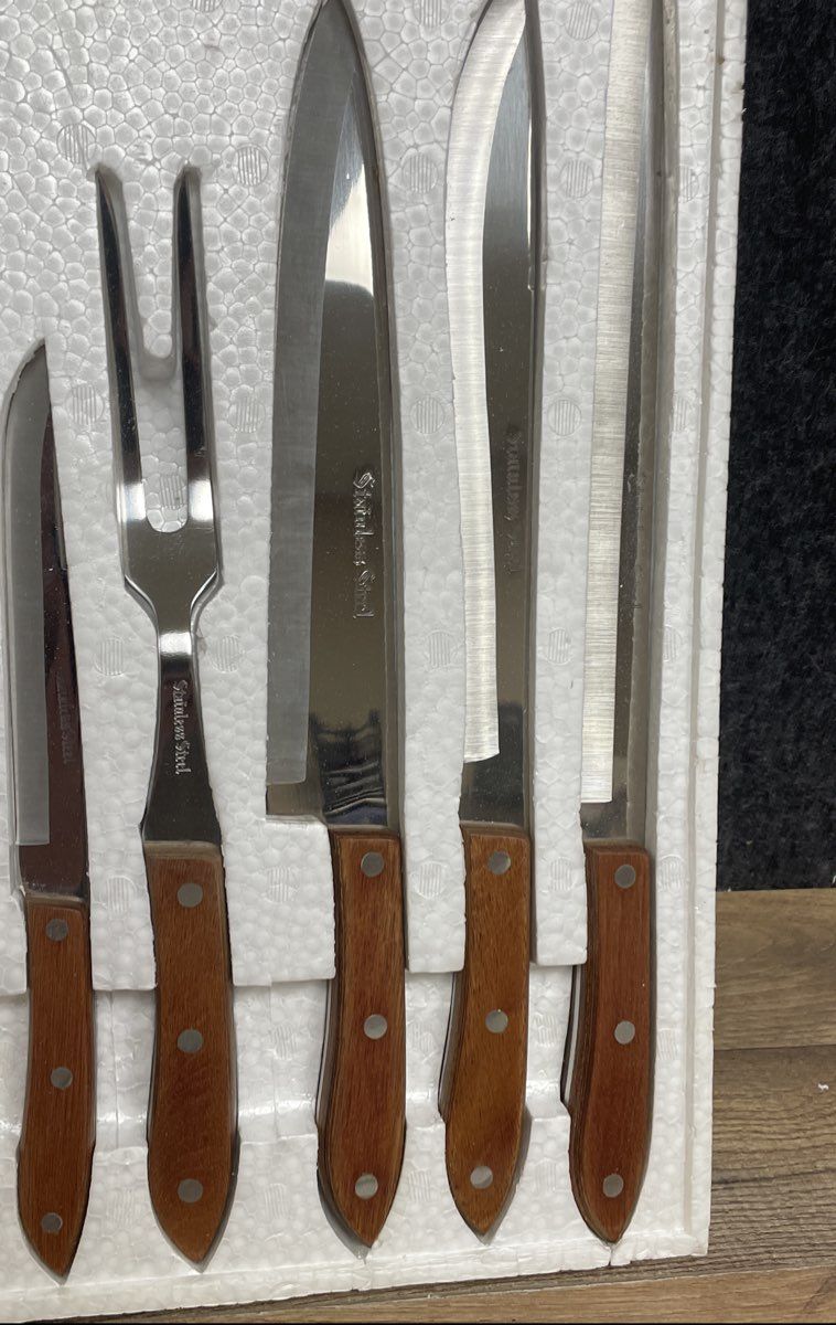 Vintage De Luxe 5pc Kitchen Knife Carving Set Stainless Steel 1970s w/ Box