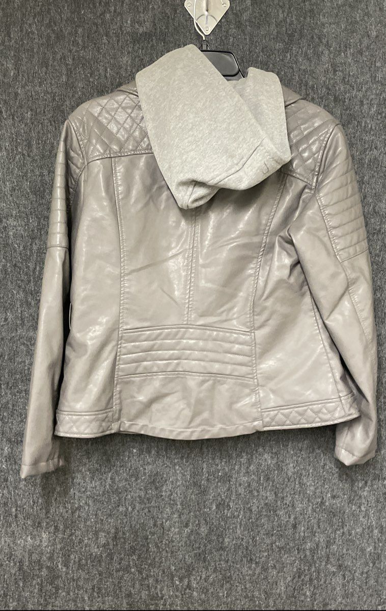 a.n.a Women's Gray Faux Leather Moto Jacket with Hoodie Size M