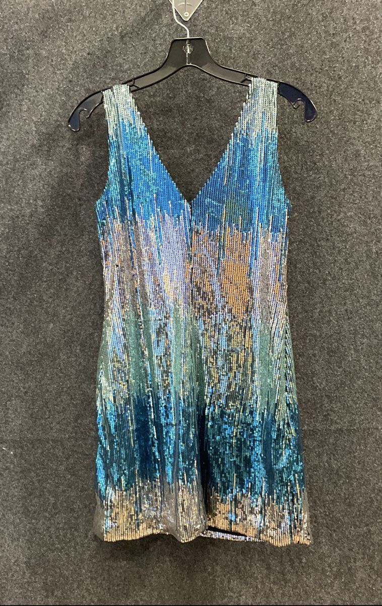 Lily Rose Women's Blue Silver Sequined Ombre V-Neck Mini Dress Sz L NWT