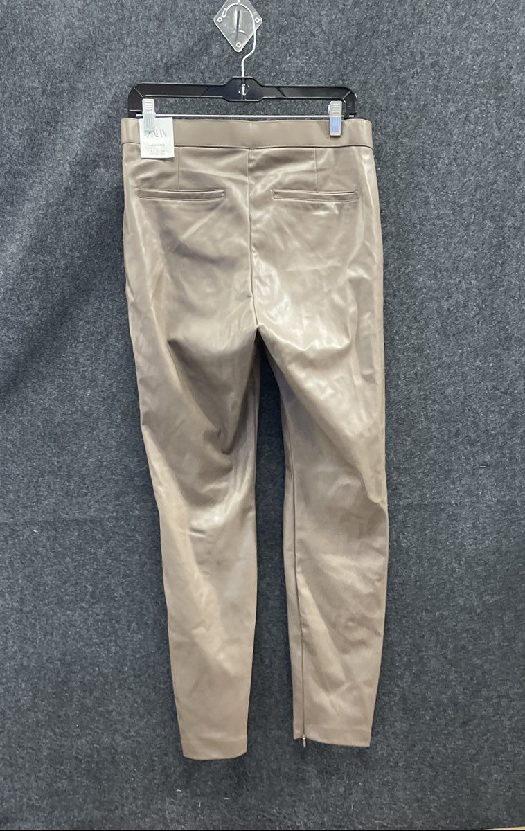 Zara Women's Brown Faux Leather Leggings Ankle Zip Front Seam NWT Sz L