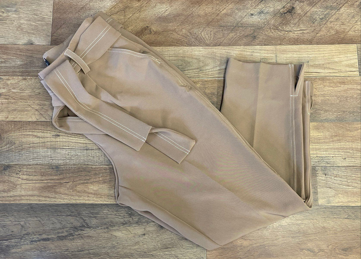 New York & Company Women's Tan 7th Ave Belted High Waist Tapered Pants Sz 8