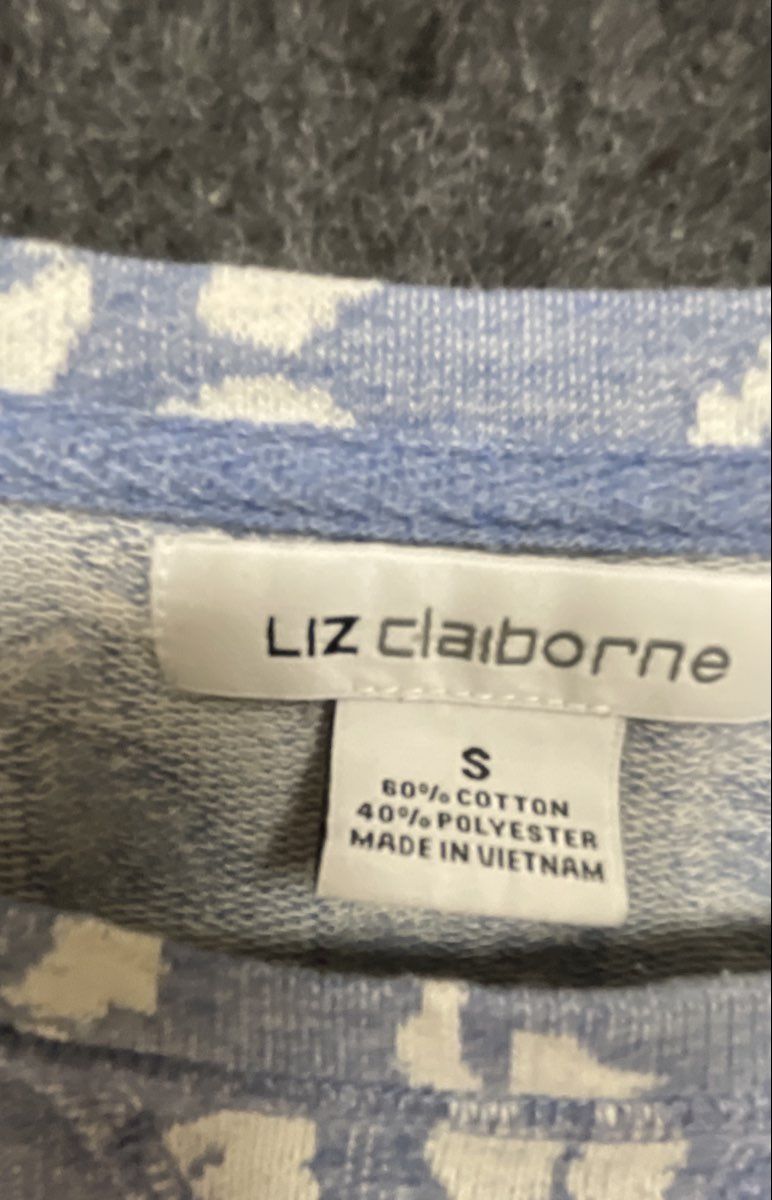 Liz Claiborne Women's Blue White Leopard Animal Print Raglan Sweatshirt Sz S