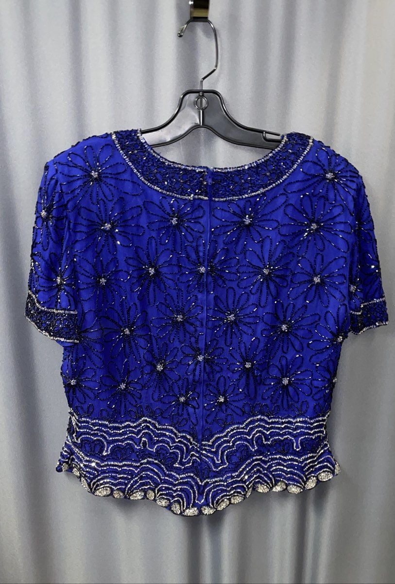 Vintage 90s Adrianna Papell Women's Blue Black Beaded Silk Blouse Top Size L
