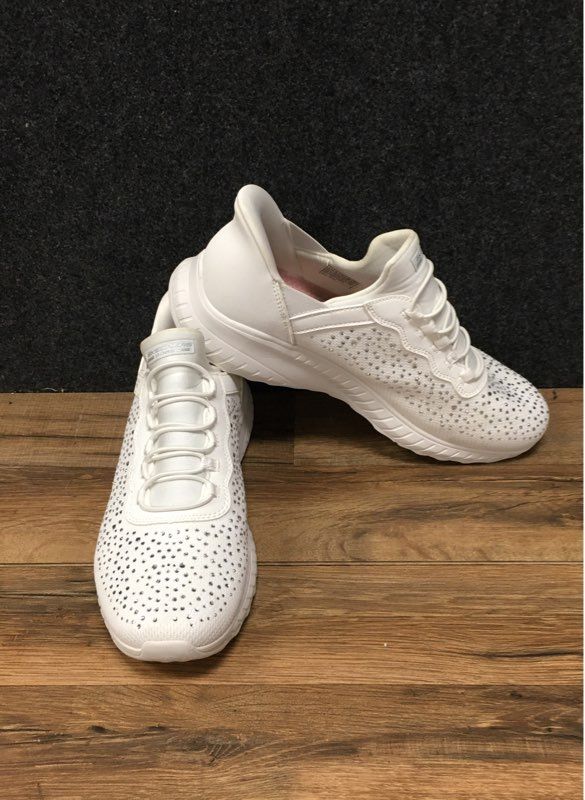 Skechers Hands Free Slip-ins BOBS Sport Squad Chaos White Rhinestone Sz 11