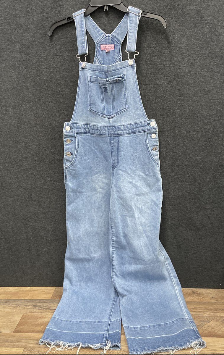 Juicy Couture Women's Light Wash Denim Wide Leg Raw Hem Overalls Sz XS
