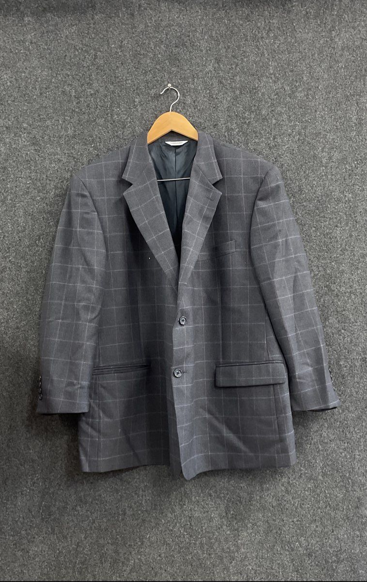 Joseph & Feiss Men's Blazer Gray Windowpane Plaid 100% Wool 2-Button Sz 48S