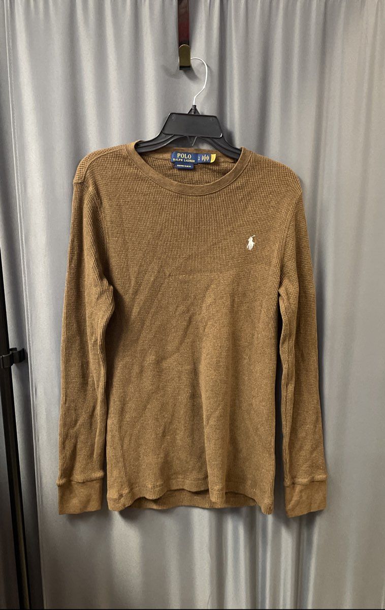 Polo Ralph Lauren Men's Brown Custom Slim Fit Waffle Knit Shirt Pony Logo Sz L