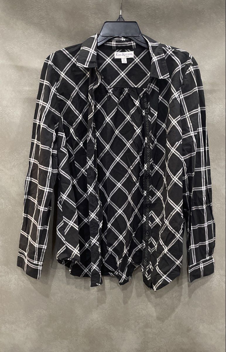 Kim Rogers Women's Black Plaid 100% Cotton Button Up Blouse Petite XL