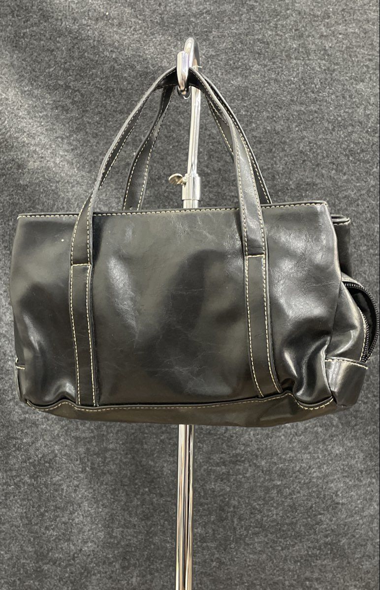 Vintage Duck Head Black Leather Top Handle Shoulder Bag Silver Hardware