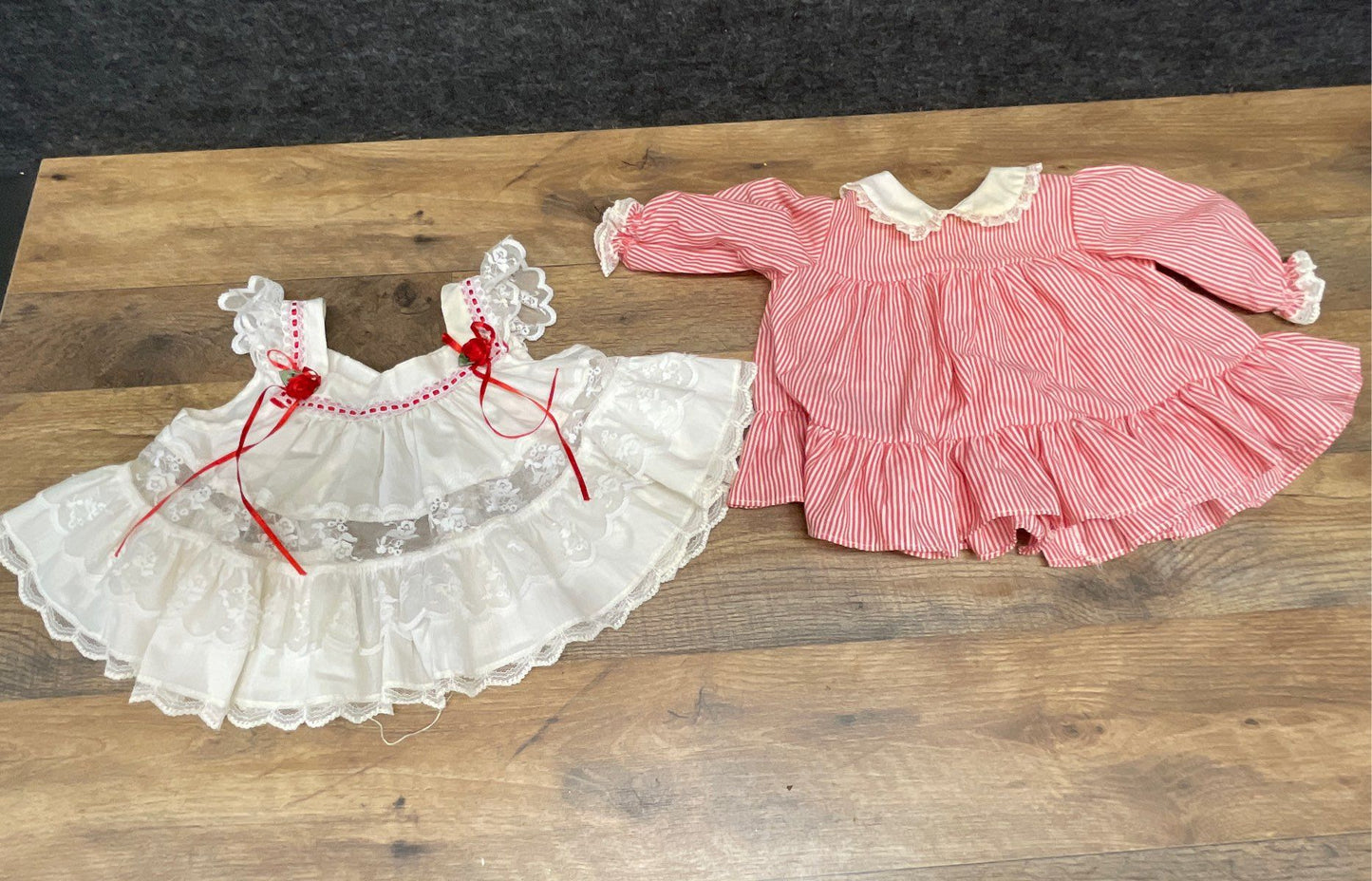 Vintage 80s Bryan Baby Dress Set Red White Striped Lace Pinafore USA Sz 0-3M