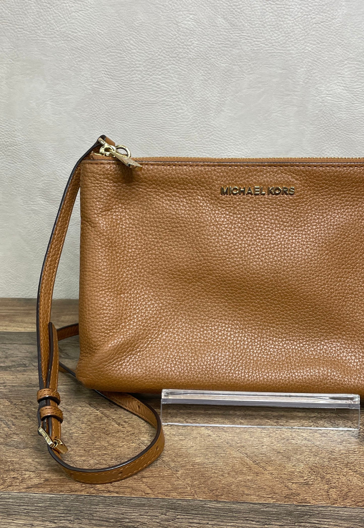Michael Kors Brown Pebbled Leather Monogram Crossbody Bag Gold Hardware