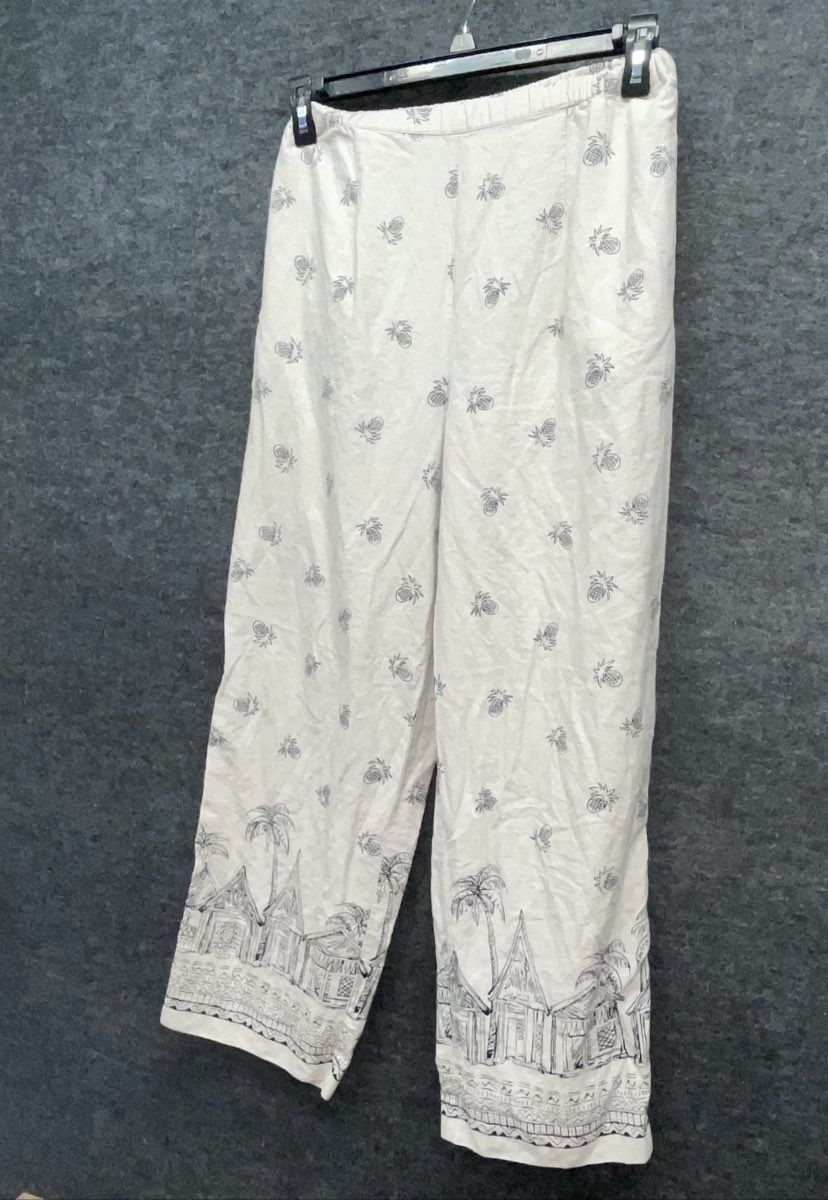 Coldwater Creek Women's Cream Tropical Pineapple Beach Print Linen Blend Pants M
