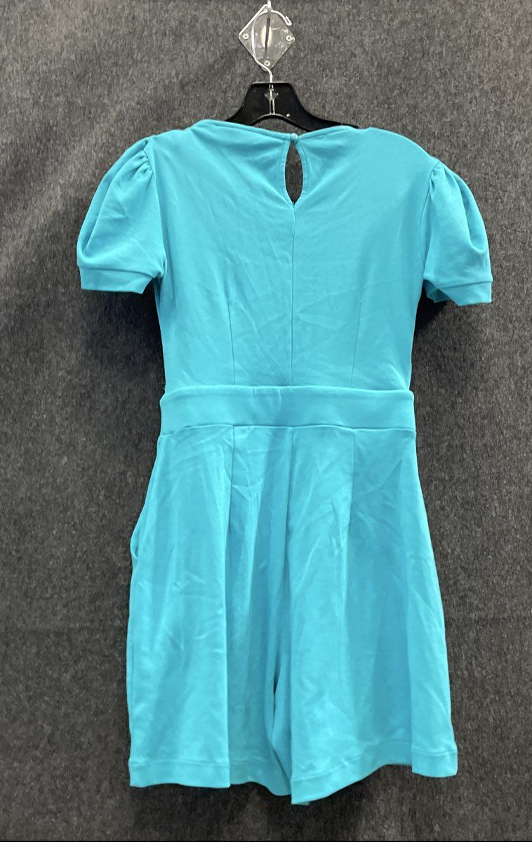 New York & Company Women's Blue Puff Sleeve Romper Keyhole Back Sz XS NWT
