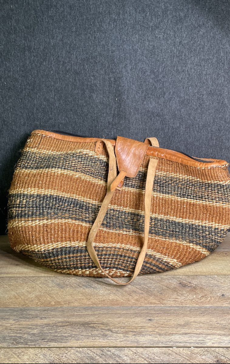 Vintage African Kenya Sisal Straw Woven Tote Bag Striped Leather Trim Large