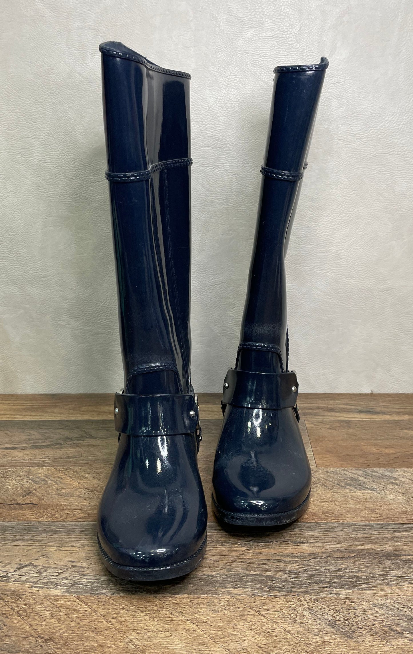 Michael Kors Navy Blue Glossy Rubber Harness Tall Rain Boots Women's Size 8
