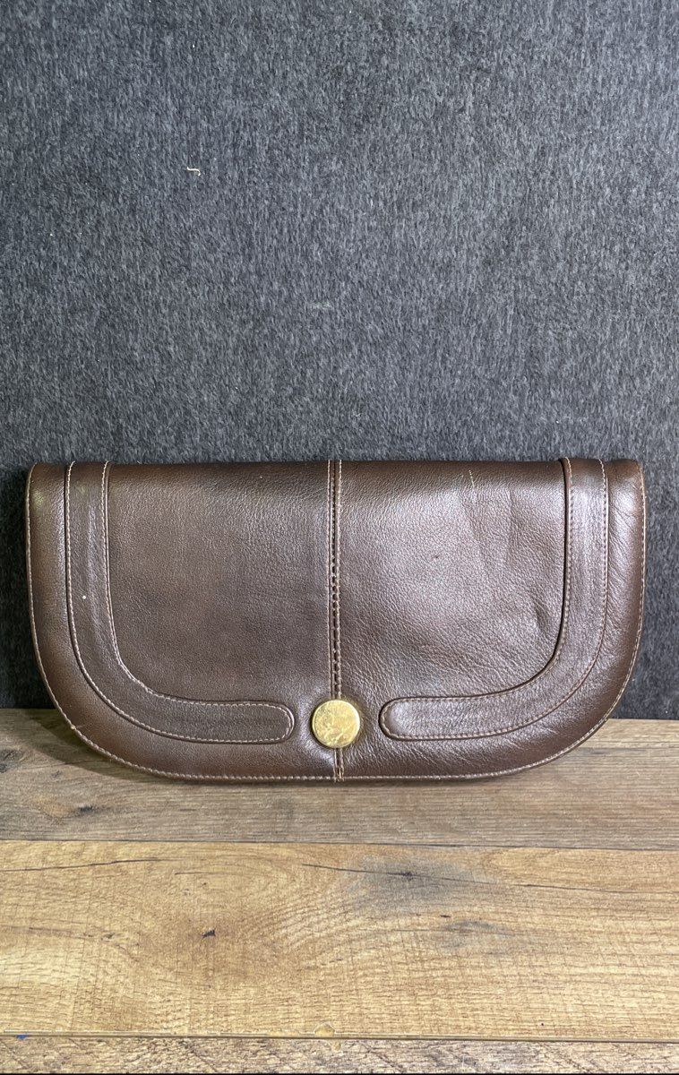 Vintage Zenith Dark Brown Handmade Leather Clutch Crossbody Bag Gold Hardware