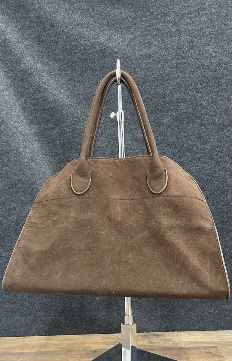 Brown Faux Suede Large Satchel Tote Handbag Gold Tone Hardware