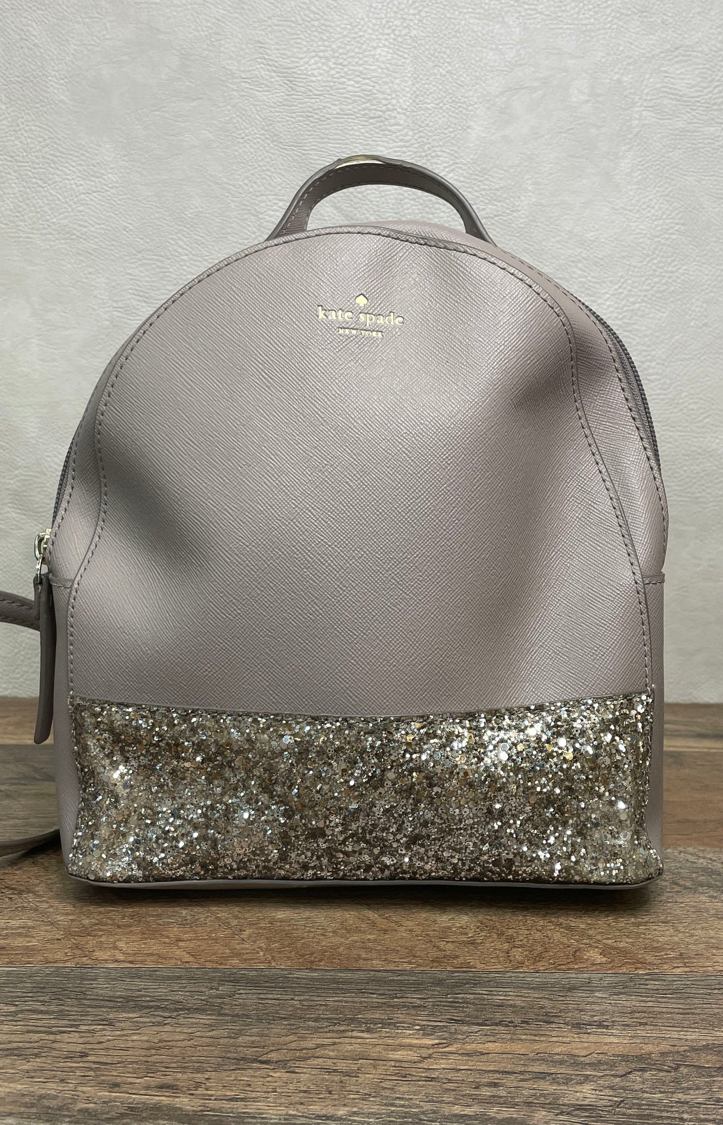 Kate Spade Mauve Grey Saffiano Leather Glitter Small Backpack Gold Hardware