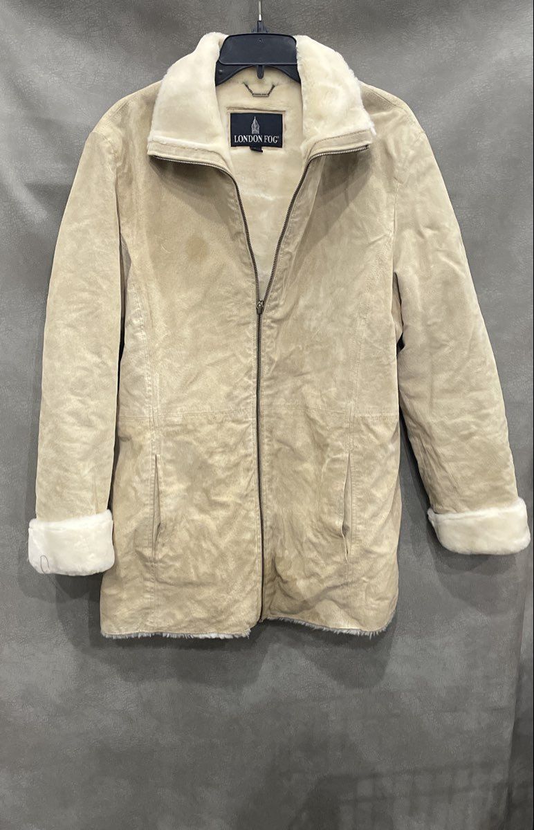 Vintage 90s London Fog Women's Leather Jacket Cream Faux Fur Lined Sz L