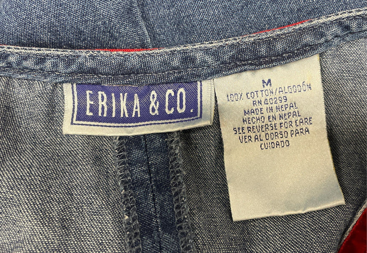 Erika & Co Women's Vintage 90s Denim Maxi Jumper Dress Blue Floral Red Trim Sz M