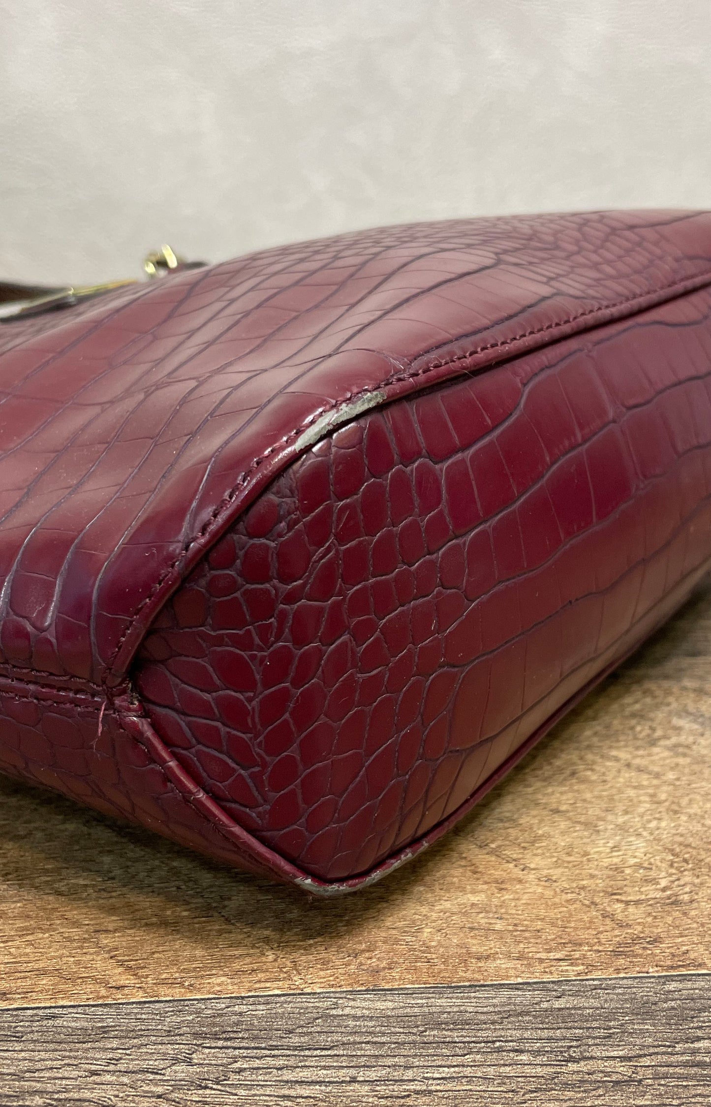 Anne Klein Burgundy Croco Embossed Faux Leather Shoulder Tote Bag Gold Tone