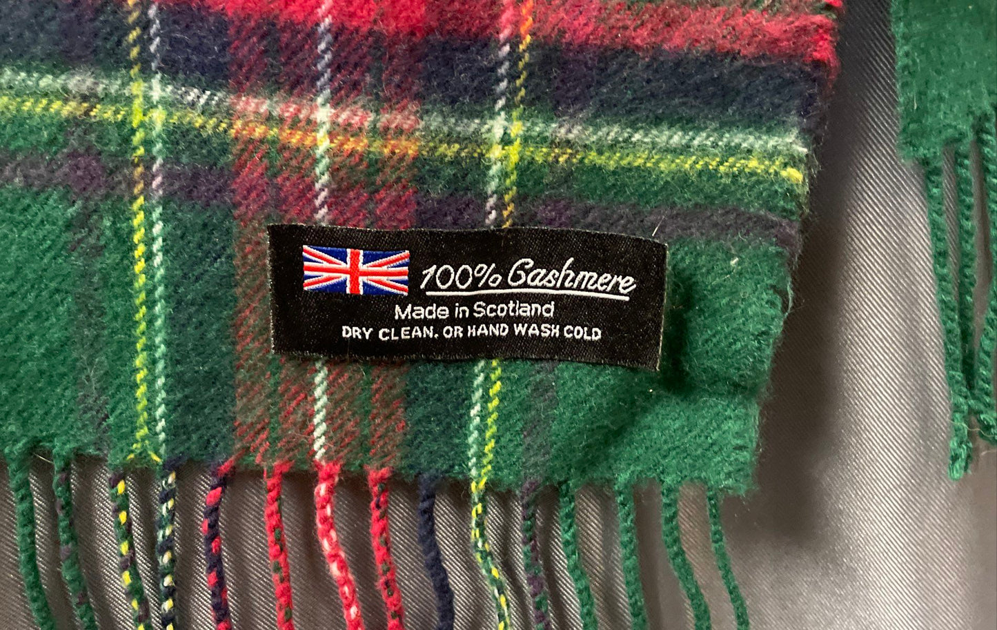 Vintage 90s 100% Cashmere Scarf Made in Scotland Green Red Tartan Plaid Fringed