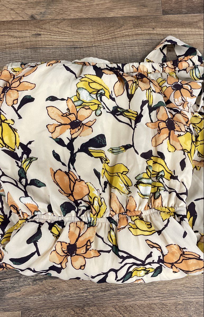 Lulus Women's Yellow Orange Floral Off The Shoulder Bell Sleeve Romper Sz XL