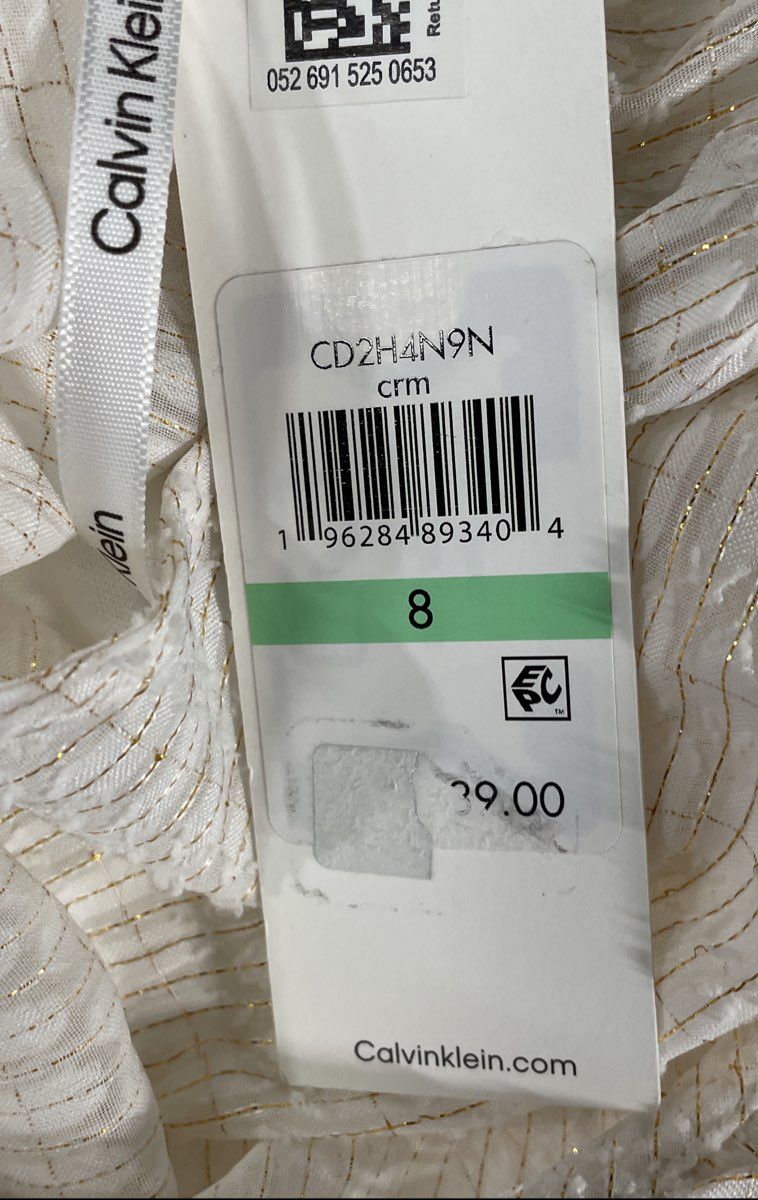 Calvin Klein Women's Cream White Metallic Stripe Tiered Faux Wrap Dress Sz 8 NWT