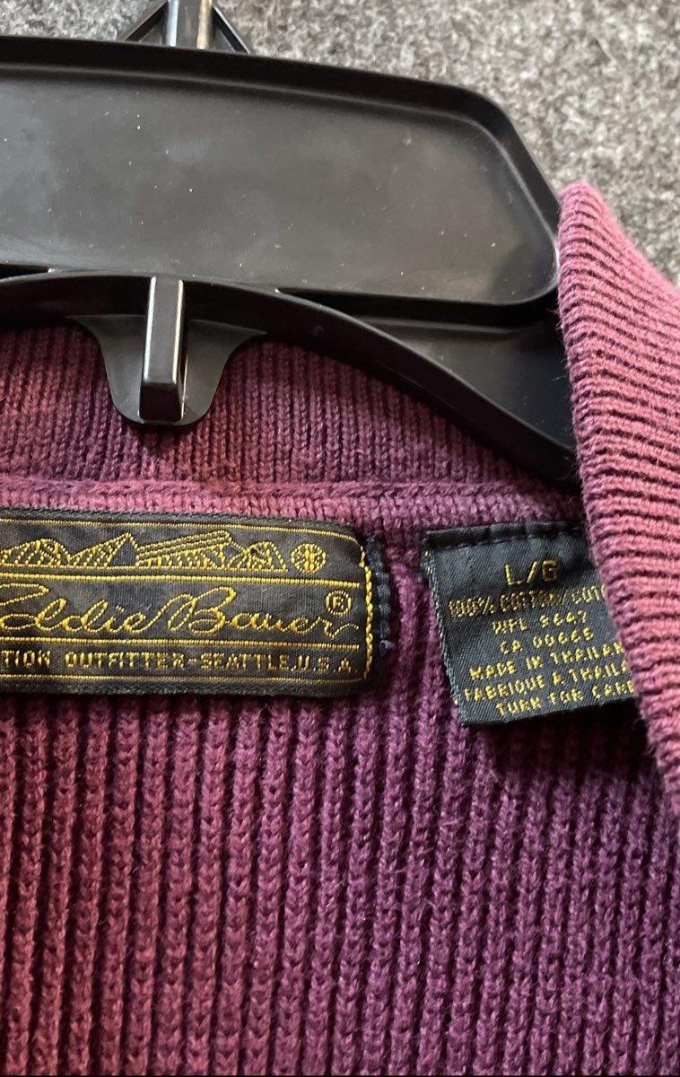 Vintage 90s Eddie Bauer Men's Purple Cotton Ribbed Button Neck Sweater Sz L